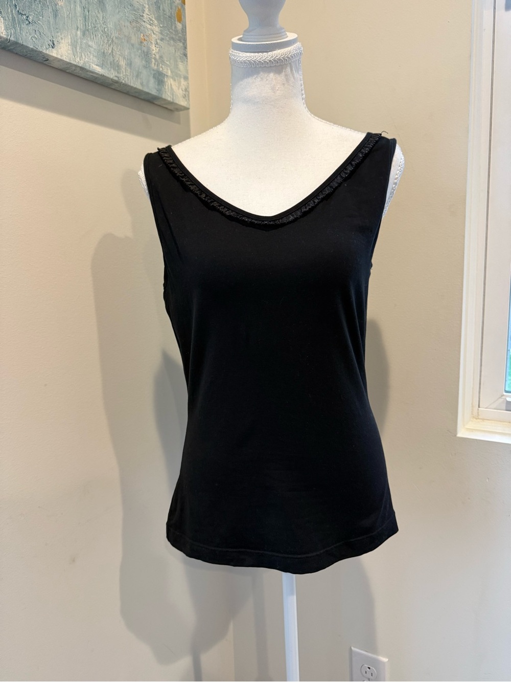 Escada Black V-Neck Sleeveless Tank with Trim Detail